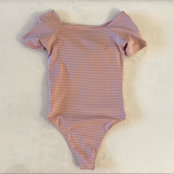Pink w/White Stripes Off Shoulder Bodysuit, M(6) - Picture 6 of 8